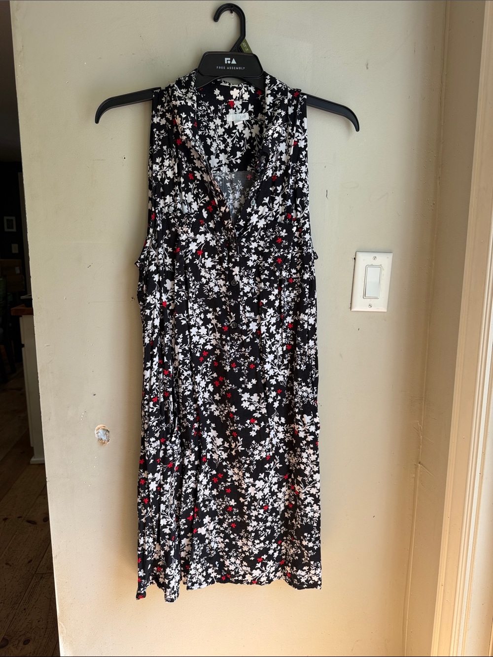 J. Jill Black Sleeveless Midi Dress with White and Red Floral Print